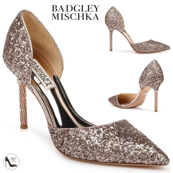 Badgley Mischka Ozara Pointed Toe Stiletto Heel Rose Gold Glitter Evening Pump